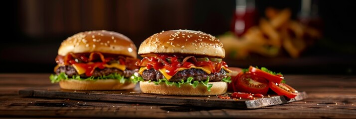Wall Mural - Two hamburgers with cheese and ketchup on a wooden table. A side of fries and tomatoes