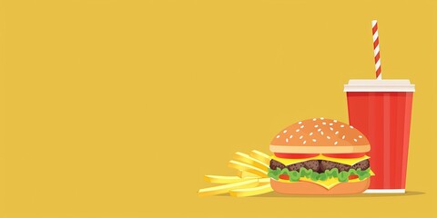 Wall Mural - A hamburger and fries are on a yellow background with a red cup. The hamburger is topped with cheese and has two buns