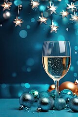 Christmas minimal festive background with star garland in glasses of champagne. 