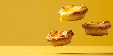 Canvas Print - Three pastries are flying through the air, one of which has a hole in it. The pastries are yellow and appear to be filled with a sweet, creamy filling. Concept of lightness and playfulness