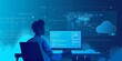 © kiimoshi - A man is sitting at a computer with a blue screen behind him. The screen is filled with clouds and the man is typing on the keyboard. Scene is focused and intense