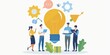 © kiimoshi - A group of people are working together on a project, with a light bulb in the center of the image. Scene is collaborative and creative, as the people are working together to come up with new ideas