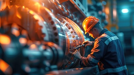 Wall Mural - Smart engineer checking iron machine in factory while wearing safety helmet. Professional industrial worker repairing or examining machinery part or turbine machine while holding chart form. AIG42.