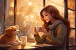 Woman in her mid-20s enjoying a cup of coffee with her Golden Retriever at a cozy pet-friendly cafe in the heart of the city.
