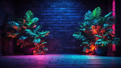 A dark blue brick wall is in the background, with two potted plants on either side. There is a pink flame on a black platform in front of the wall, and the plants and flames are lit by blue and pink 
