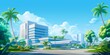 
Banner design showcasing a modern hospital building with advanced medical facilities, surrounded by lush greenery