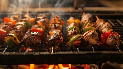 Canvas Print - Savor shashlik skewers with meat and vegetables cooked on a charcoal grill. Concept Food Photography, BBQ Grilling, Meat Recipes, Outdoor Cooking, Charcoal Grilling