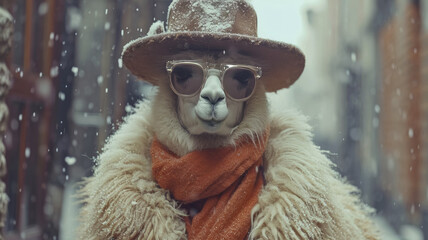 Dapper llama parades through city streets in tailored elegance, embodying street style.