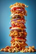 Towering Burger Delight: Layers of Juicy Beef, Cheese, and Onions