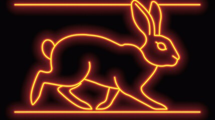 Wall Mural - A rabbit is running in a neon sign. The sign is orange and black. The rabbit is the main focus of the image