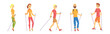 Man and Woman Character Practicing Nordic Walking Vector Set