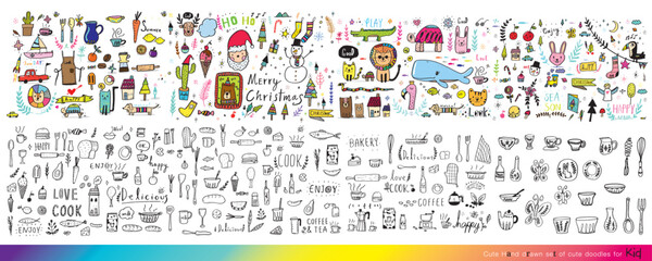 Wall Mural - Collection of hand drawn cute doodles,Doodle children drawing,Sketch set of drawings in child style,Funny Doodle Hand Drawn,Page for coloring, cute animal,Foods doodles hand drawn  vector 