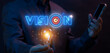 Vision for success and growth business ideas concepts. Businessman showing glowing light bulb and neon line of VISION icon with arrow hits the center of the target.