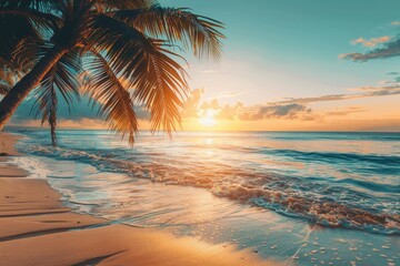 Wall Mural - Perfect beach sunset. Beautiful tropical beach scene for background or wallpaper. Summer vacation holiday concept design and copy space with generative ai