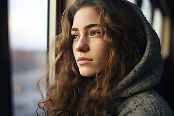 A young woman in warm clothes sits near a window in a bus or train against a winter landscape.