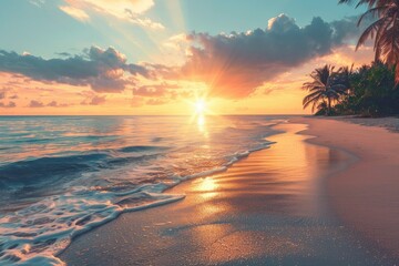 Perfect beach sunset. Beautiful tropical beach scene for background or wallpaper. Summer vacation holiday concept design and copy space with generative ai