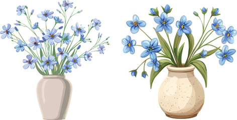 Aufkleber - Bluets in ceramic vase. Meadow wildflowers cartoon bouquet