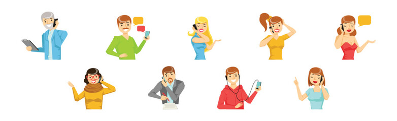 Sticker - People Character Speaking Phone Having Call Vector Set