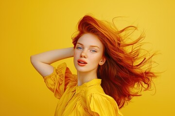 Canvas Print - A woman with red hair and blue eyes stands in front of a yellow background