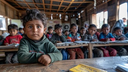 a group of children sit in a classroom with a boy in the middle of the group