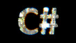 glitch and chromatic aberrance cybernetical text C# on black, isolated - object 3D rendering