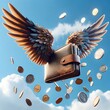 Flying Wallet with Wings Dropping Coins in the Sky