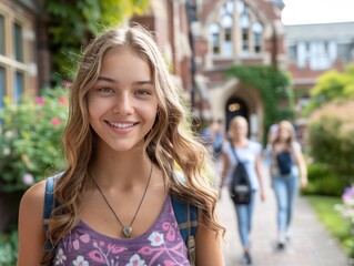 Canvas Print - A girl with long hair is smiling and wearing a necklace