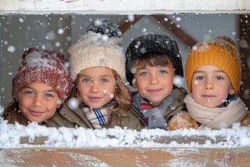 Four children are standing in the snow, wearing hats and scarves