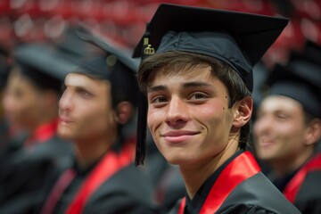 A young man wearing a black cap and gown is smiling for the camera