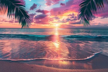 Perfect beach sunset. Beautiful tropical beach scene for background or wallpaper. Summer vacation holiday concept design and copy space with generative ai