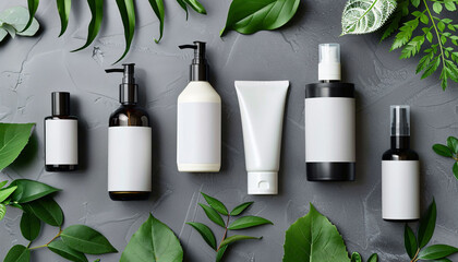 Wall Mural - Set of SPA cosmetic containers and bottles, branding templates and green leaves. Top view shampoo bottle concept illustration