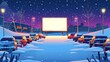 Drive-in movie theater with cars on open air parking at winter. Modern cartoon landscape of night city with snow, glowing blank screen, and automobiles.