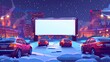 Drive-in movie theater with cars on open air parking at winter. Modern cartoon landscape of snowy night city with glowing blank screen and automobiles.