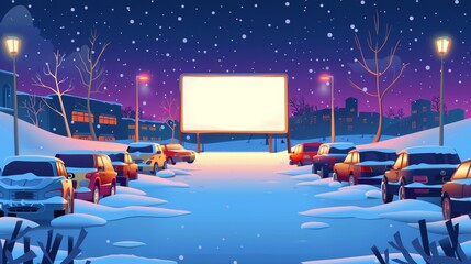 Wall Mural - Drive-in movie theater with cars on open air parking at winter. Modern cartoon landscape of night city with snow, glowing blank screen, and automobiles.