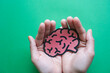 © AriaSandi - Woman hands holding human brain shape made from paper on light blue background. Awareness of Alzheimer, Parkinson's disease, dementia, stroke, seizure or mental health. Neurology and Psychology care.