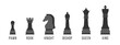 Vector illustration of black chess pieces with their names labeled on a white background