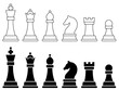 This vector illustration features a set of chess pieces in flat white and solid black colors, displayed on a white background