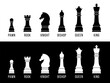 Vector illustration features a complete set of chess pieces in black and white, each meticulously labeled with its name