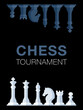 Vector illustration featuring a set of black and white chess pieces arranged in a way that’s perfect for a chess tournament poster