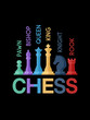 Vector illustration featuring a set of colorful chess pieces arranged on a black background