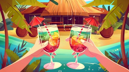 Wall Mural - Modern poster with cartoon illustration of hands holding exotic tropical cocktails on wooden hut background with a beach bar. Modern poster with cartoon illustration of hands holding exotic tropical