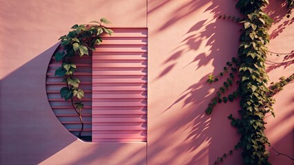 Sticker - Pink wall with pink wooden window and green plant