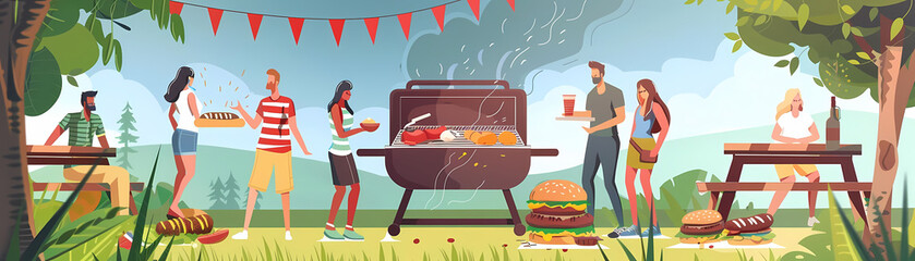 Poster - summer bbq scene with a grill, food, and drink on a wooden table, accompanied by a green bottle