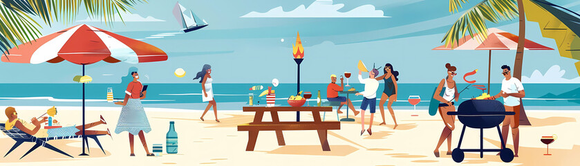 summer beach barbecue illustration featuring a wooden table and chairs, a red umbrella, and a clear blue sky a person in a white dress sits at the table, while a black and blue