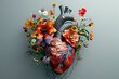 Human heart decorated with beautiful flowers on natural background