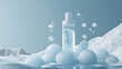 Perfect Blank cosmetic shower gel or soap bottle surrounded by bubbles, foam on blue background