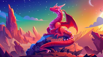 Wall Mural - A dragon cartoon landing page shows a powerful character sitting on a rock in a deserted alien planet landscape with red mountains and a green sky. Best for fantasy stories, fairytales, books, or