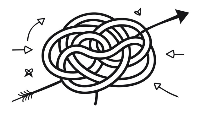 Messy scribble arrow lines. Chaotic doodle line ravel tangle, hand drawn confused messy knot. Difficult route, curved scrawl path chaos concept. outline vector