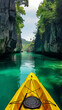 Kayaking ride in the calm crystal river or lake on the beautiful landscape, water sport concept