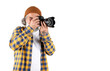 Male photographer with professional camera on white or transparent background